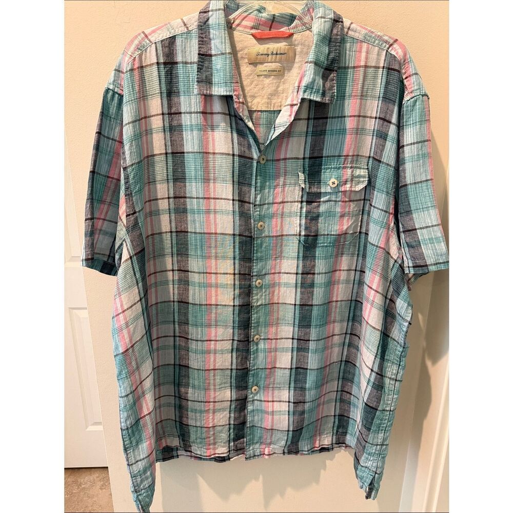 Tommy Bahama Linen Multicolor Plaid Short Sleeve Button-Down Shirt Teal Pink XXL